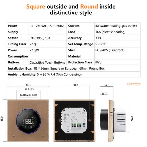 BHT-7000 Smart Knob Thermostat WiFi Floor Heating Controller+WH90AB/WH91AB/WH92AB - 图片 3