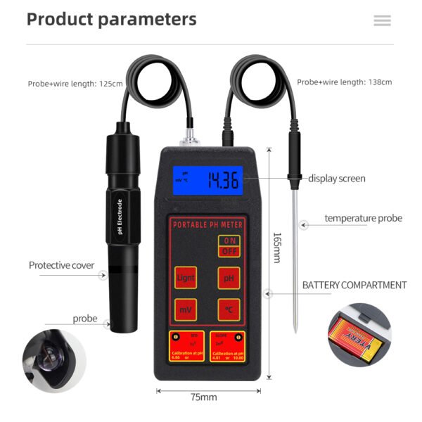 3 in 1 Portable mV Temp pH Meter +PH083 - 图片 7