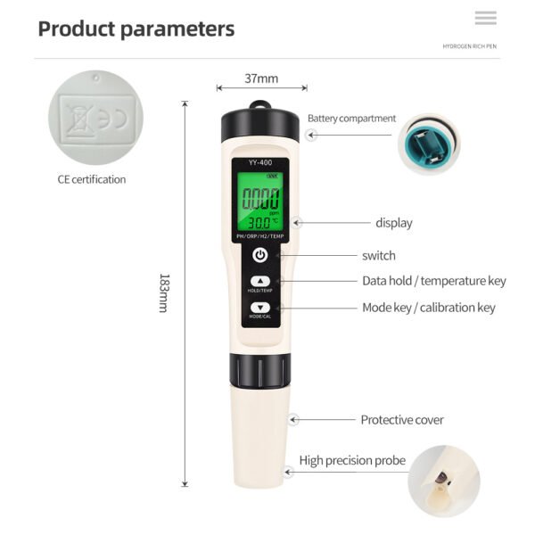 4 in 1 Hydrogen-rich Temperature ORP PH H2 Meter With Backlight+PH162BL - 图片 10